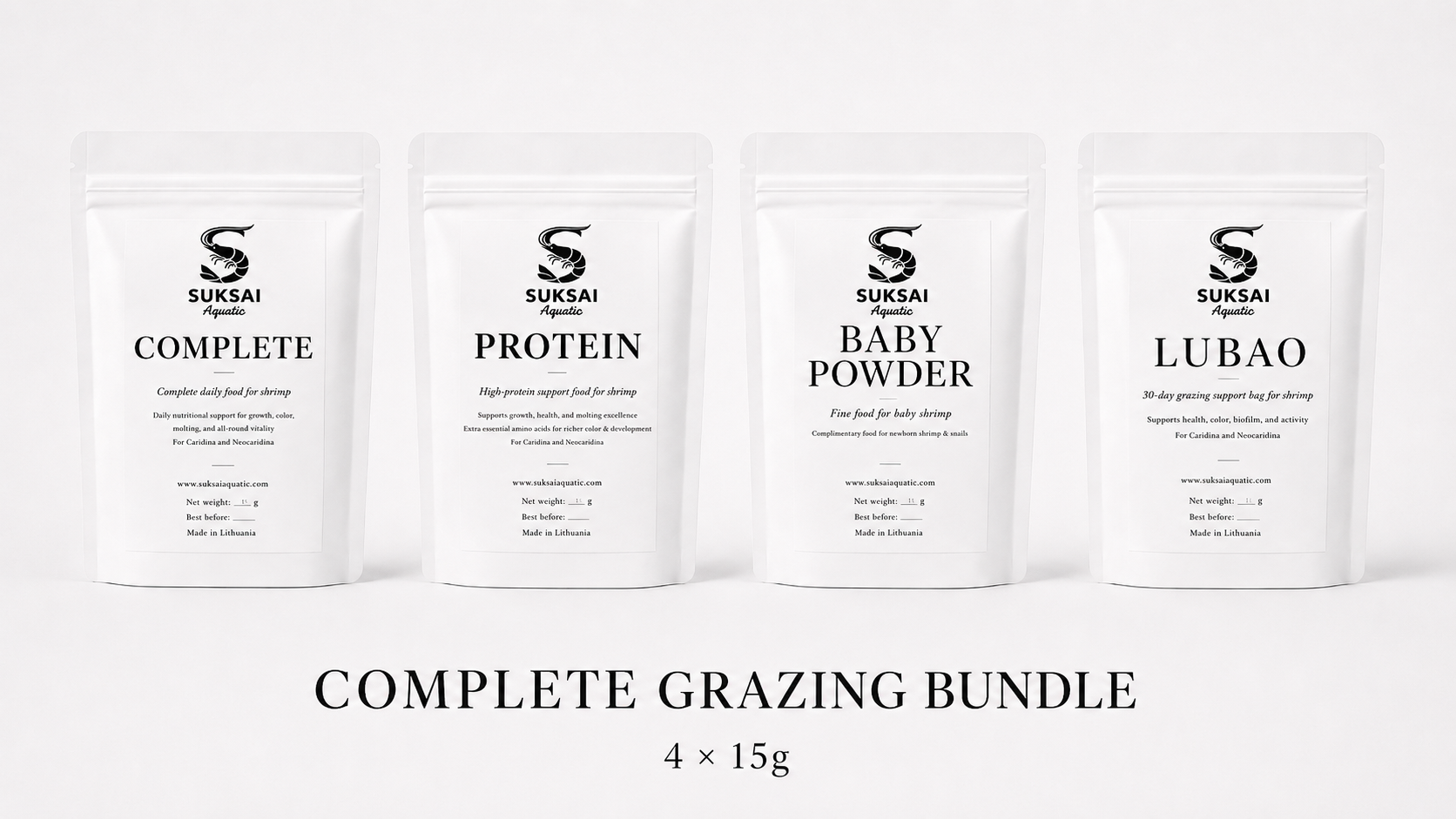 Suksai Aquatic Complete Grazing Bundle, 4 x 15g shrimp food set