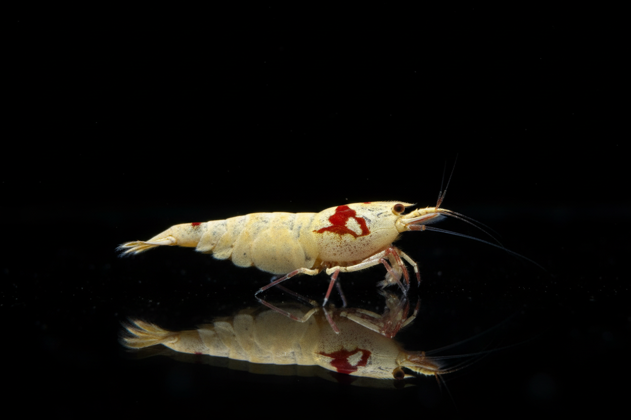 White Shrimp with Red Marking on Black Background